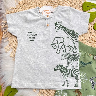 Conj. Camiseta Giraffe, Elephant, Ounce e Zebra e Bermuda - Mescla e Verde
